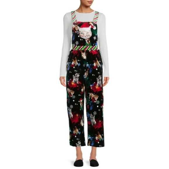 No Boundaries velvet jumpsuit cat Holiday graphic Christmas Party cozy wacky - Picture 1 of 7